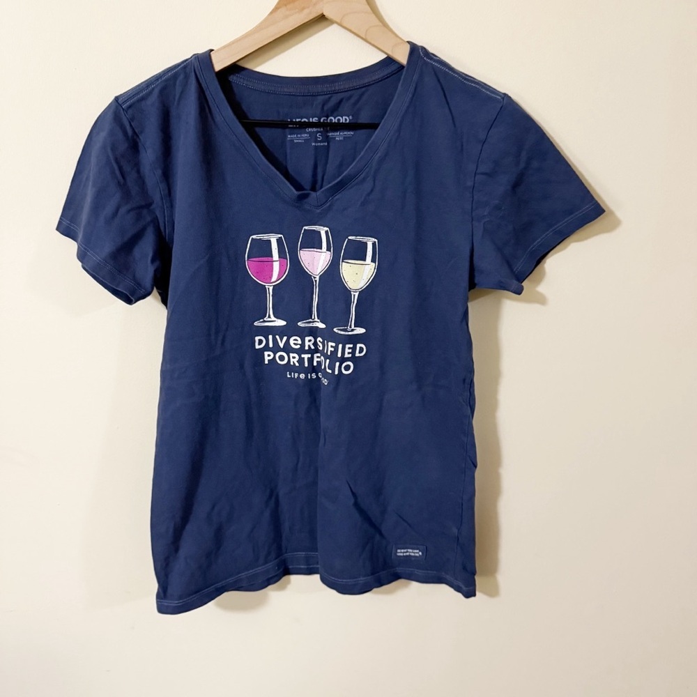 Life is Good Womens Diversified Portfolio Navy Short Sleeve Shirt Size Small